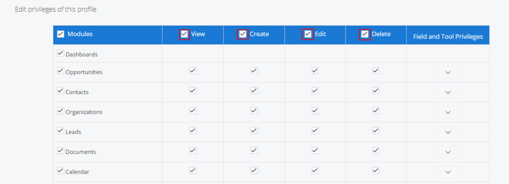 CRM Software -Profile Privileges